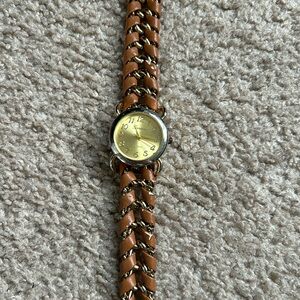 Geneva Platinum women’s vintage gold/tan double‎ wrap leather chain rope watch